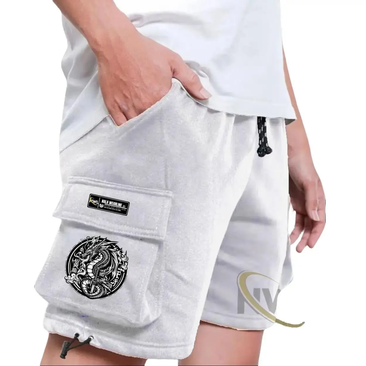 Celana Cargo Pendek Kekinian Warna Putih Bahan Katun Fleece Adem Dan Lembut Motif Naga Size M-L-XL-XXL - Shorts Pants Cargo Distro Pria Dan Wanita Nyaman Santai