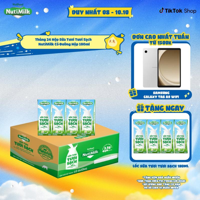Thùng 24 Hộp Sữa Tươi Tươi Sạch NutiMilk Có Đường Hộp 180ml