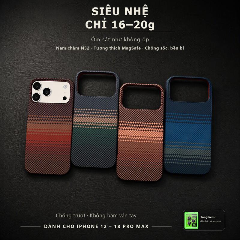 Ốp Lưng iPhone 12/13/14/15/16/17/18 Pro Max, 17 Air, Vân Dệt Nam Châm MagSafe Từ Tính, Siêu Mỏng Siêu Nhẹ 16-20g Chống Sốc Chống Trầy, Viền Nâng Bảo Vệ Camera, Tản Nhiệt, Hạn Chế Bám Vân Tay, Tặng Kèm Dán Bảo Vệ Camera