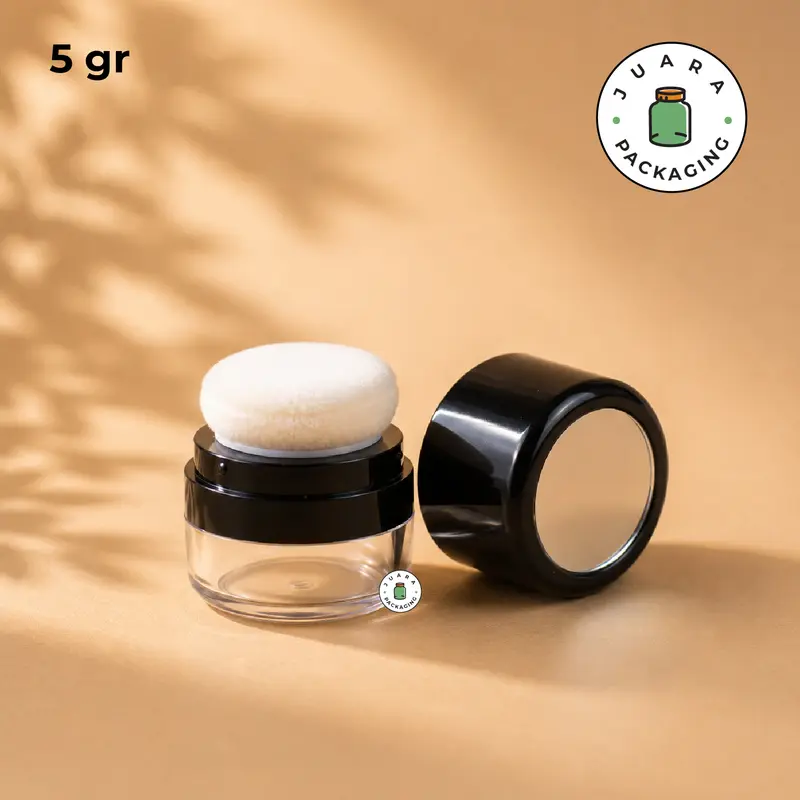 Wadah Acrylic 5gr 10gr Tempat Bedak Tabur Warna Hitam dengan Sponge – Pot Travel Kosmetik Isi Ulang untuk Bedak Powder, Loose Powder, Blush, Makeup Jar 5g 10g