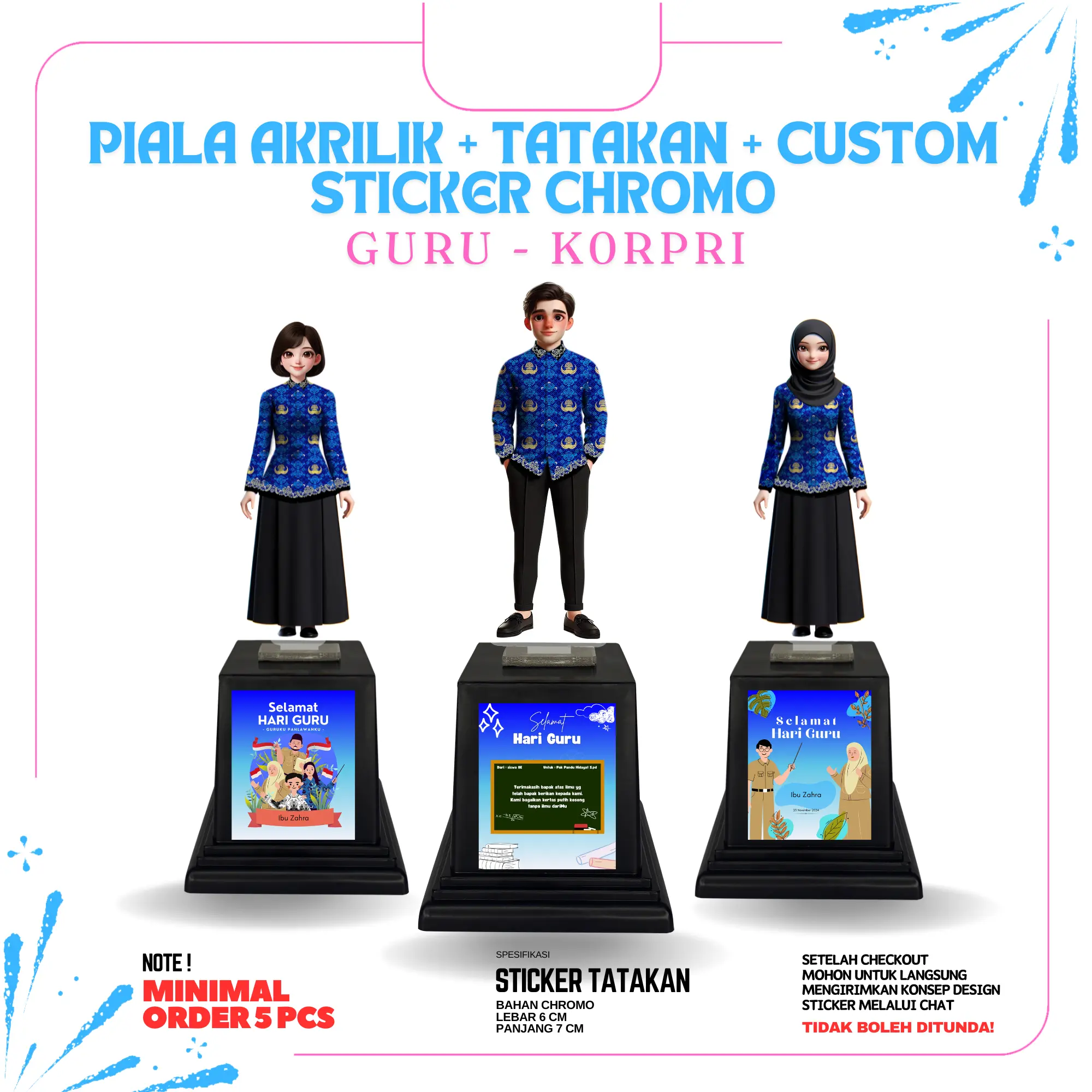 Piala Akrilik Hari Guru / Korpri+ sticker  dan tatakan  Sekolah Souvenir Tropi Hadiah Bahan Akrilik