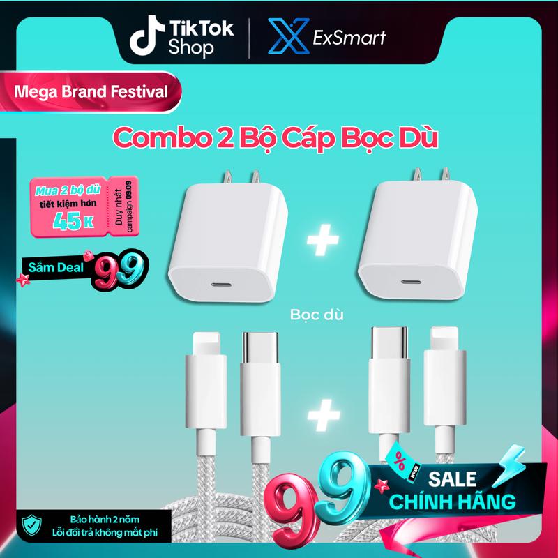 Combo 2 Bộ Sạc Nhanh IP20W Exsmart Cáp Dù thế hệ mới đầu chống gãy gập từ 6-14prm công nghệ PD An Toàn Không Hại Máy Sạc Điện Thoại