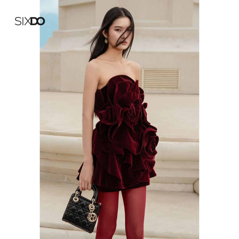  Đầm nhung hoa 3D cúp ngực đỏ mận SIXDO  Wine 3D Flower Velvet Mini Dress  