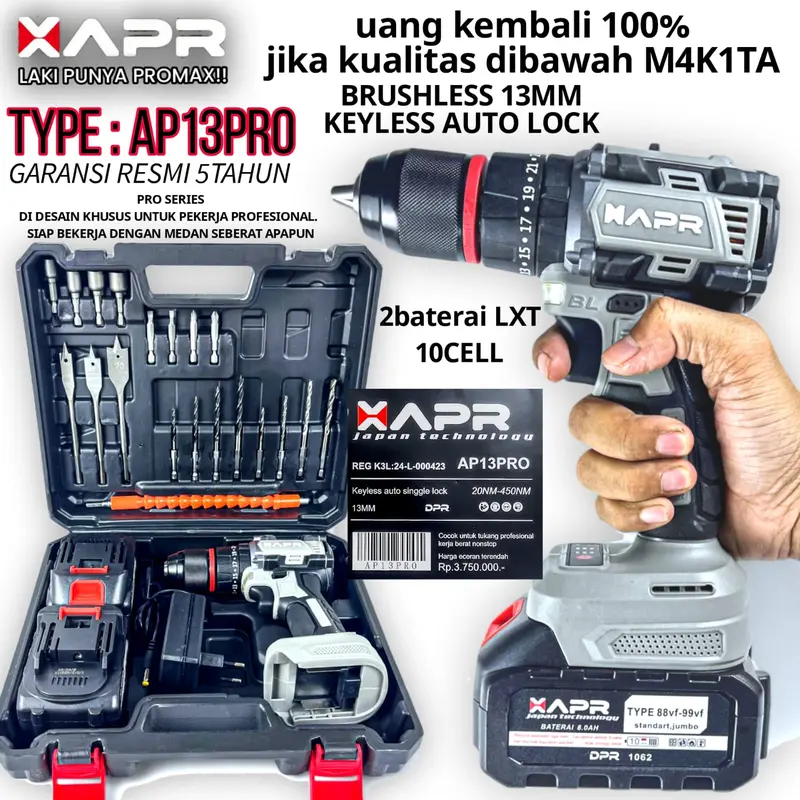 APR RAJA BOR BATERAI AP13 PRO brushless 13mm keyles auto singgle lock accecoris premium besi beton baja sekrup baut untuk..... 0