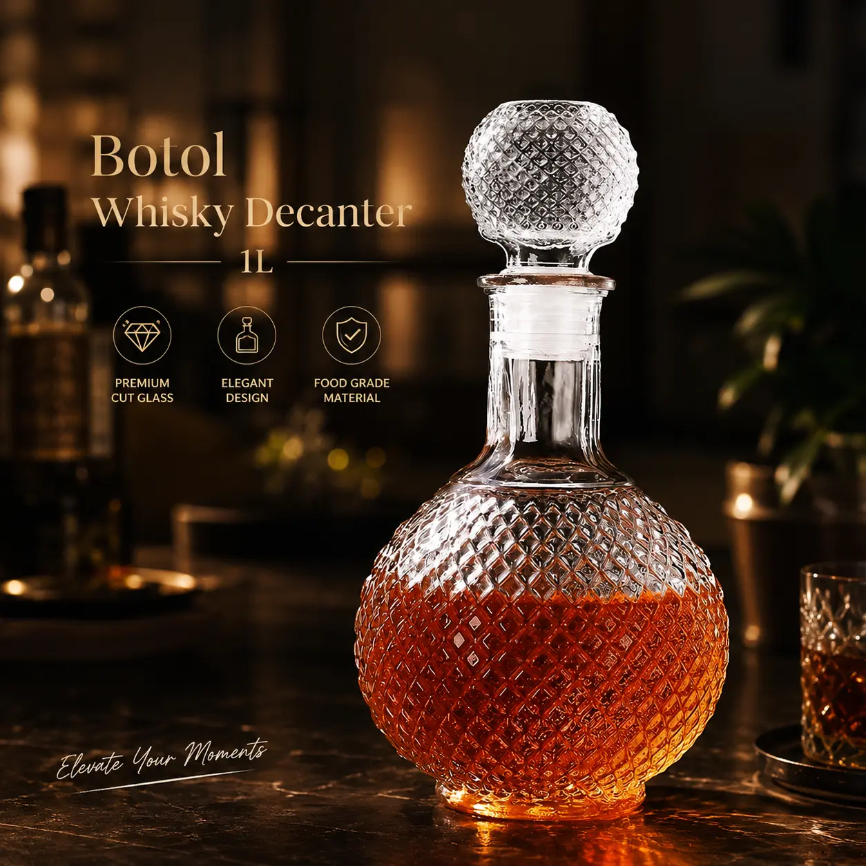Ab One Two Cups Botol Whisky Decanter Glass Liquor Scotch Luxury Round - C13