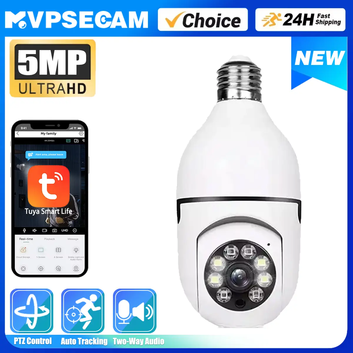 Tuya WiFi 5MP Surveillance Smart Security Camera Light Bulb With E27 Socket Human Tracking Full Color Night Vision Indoor Luminous Monitor
