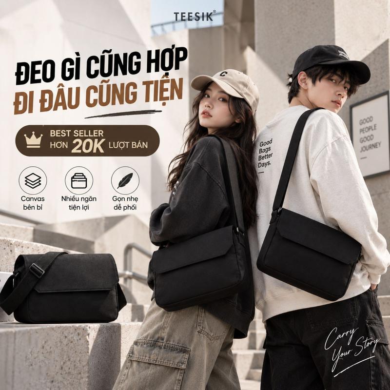 Túi đeo chéo TEE SIK túi chéo túi tiền túi nam đeo vai đựng ipad 10 in kiểu dáng messenger nhiều ngăn bag TS11 - Màu đen