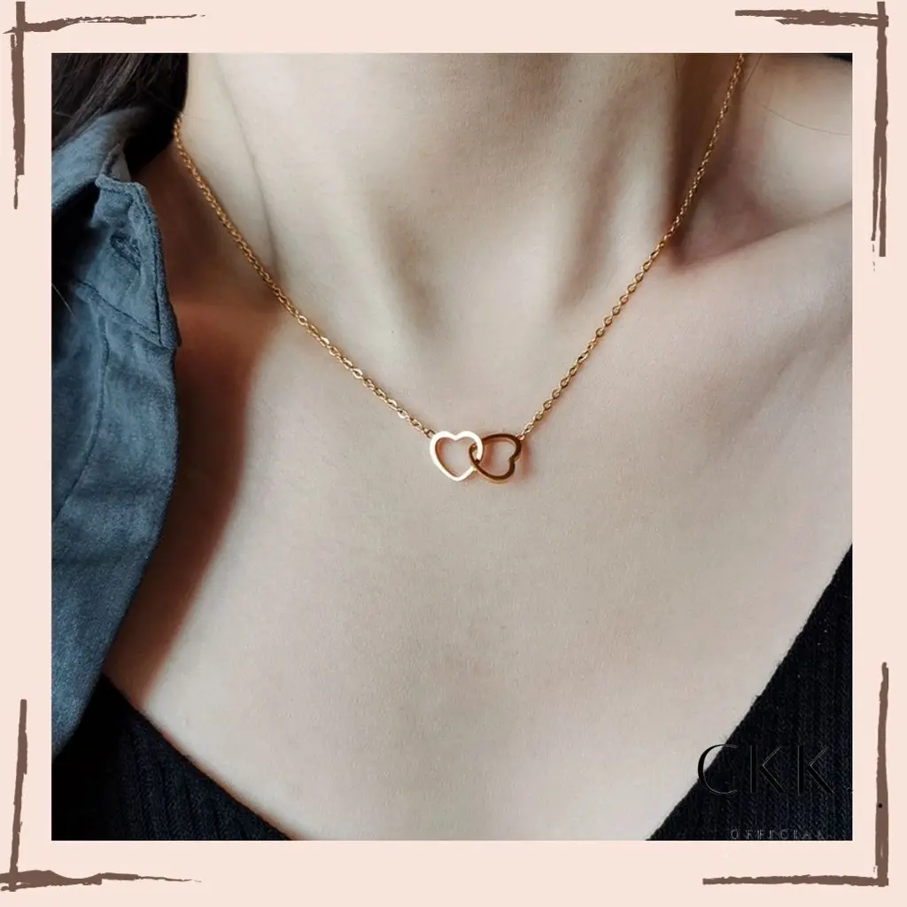 ➰CKK➰Kalung Double Heart K04 Hollow Personaility Heart Necklace Love Geomertic Clavicle Choker