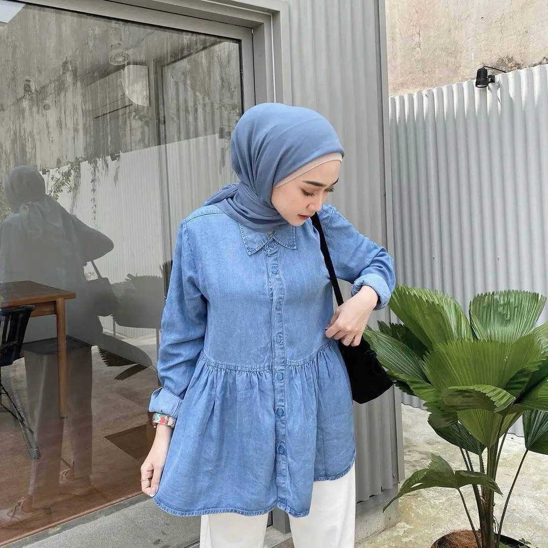 Anyostore AB12 Atasan Kemeja Jeans Polos Wanita Bahan Denim