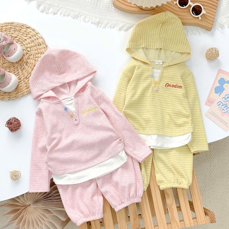  Hey Susie S7083- Set Áo Nỉ Kẻ Mũ Quần Bo Gấu Hồng Vàng Cho Bé Gái Size 9-24kg 