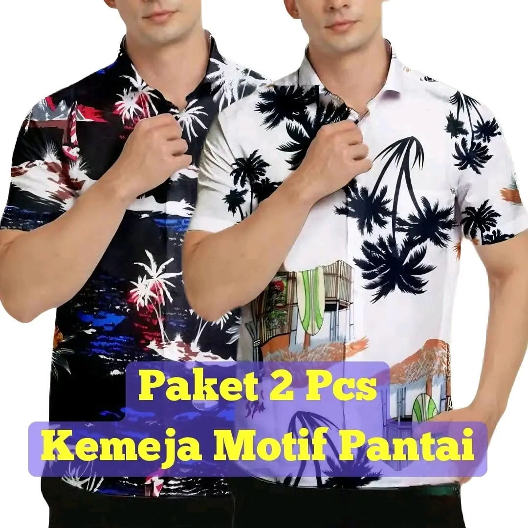 Paket 2 Pcs Kemeja Motif Pantai, Hem Motif Lengan Pendek, Baju Distro Motif Trend Kekinian