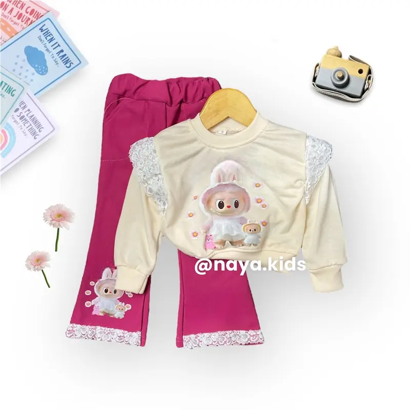 Setelan Anak Perempuan Labubu Celana Cutbray Motif Labubub Viral Bahan Babyterry Premium Korea Usia 1-5 Tahun one  set  korean style Cewek Parsel setelan  anak baju labubu anak perempuan Bayi Katun 5