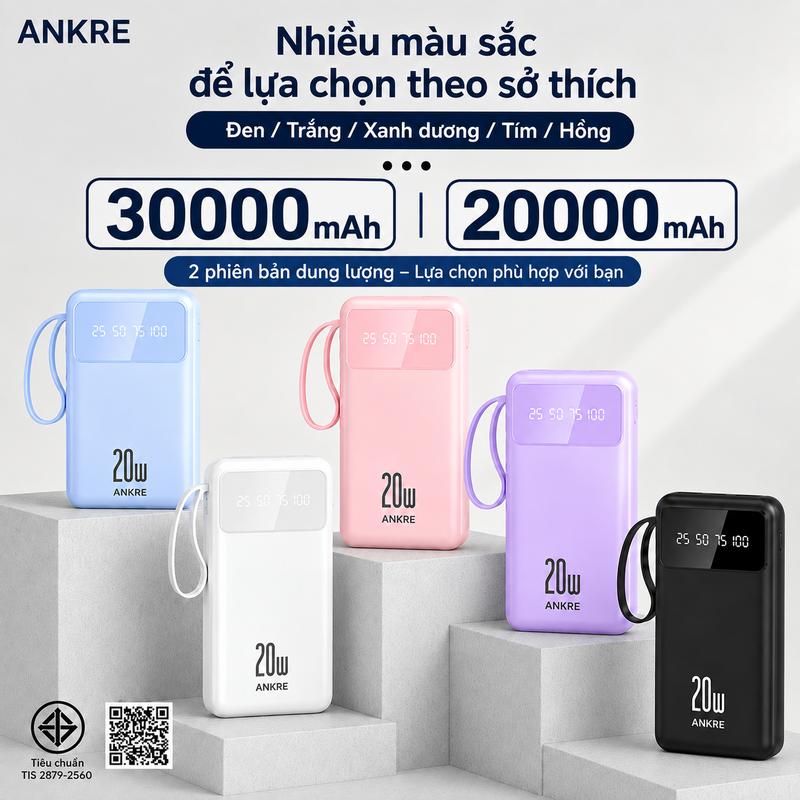 Pin Sạc Dự Phòng ANKRE 30000mAh, Sạc Nhanh 20W, Nhiều Màu, Nhỏ Gọn, Có Màn Hình Hiển Thị Pin