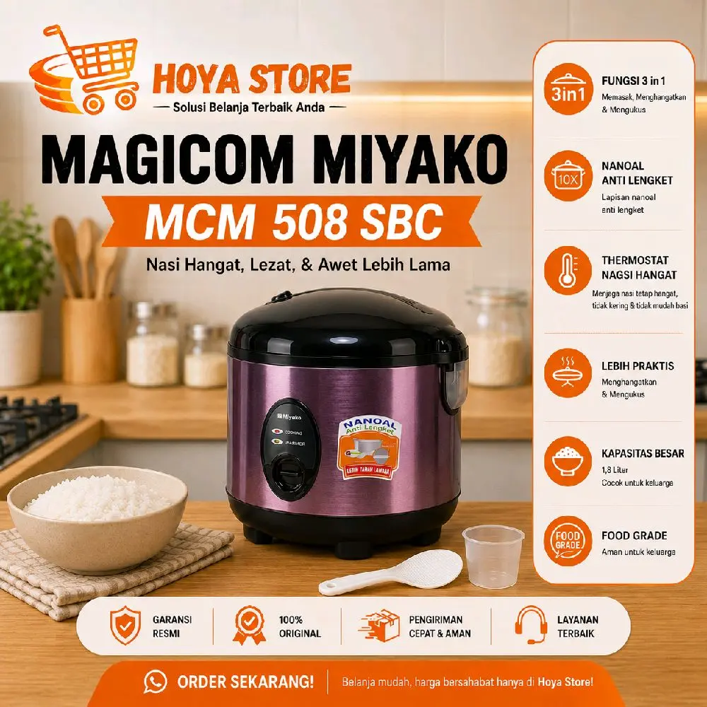 MIYAKO magicom 1.8 liter MCM 508 SBC panci NANOAL, rice cooker miyako 508 sbc, magic com miyako