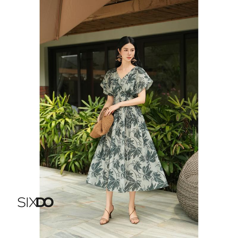 HN Đầm linen xanh cổ V dáng xoè SIXDO Green Floral Linen Flared Dress