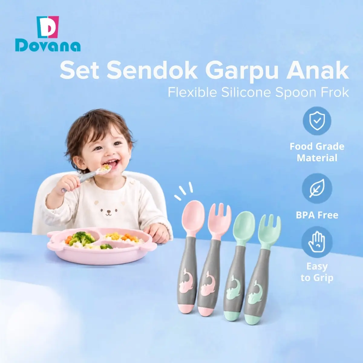 Dovana Set Sendok Garpu Lengkung Anak Alat Makan Bayi BML-4566 Flexible Training Silicone Spoon Frok BPA Free