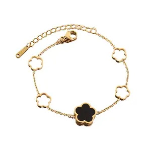 Spar.co Gelang  Aloha  Dua Sisi  Mutiara Hitam Bunga Plum Clover Aksesoris Perhiasan Cewek Emas Titanium High Quality Bracelets Gold Plated Titanium SP-AAD1011