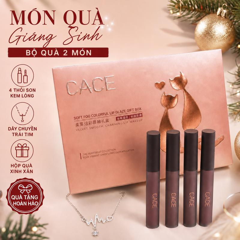 【Bộ quà tặng Giáng Sinh】CACE hộp quà Son bóng màu sắc với hiệu ứng sương mềm – gồm 4 cây son kem và một chiếc dây chuyền hình trái tim; son bóng dạng lỏng, mỹ phẩm dưỡng ẩm chứa sáp ong giúp tăng độ rạng rỡ
