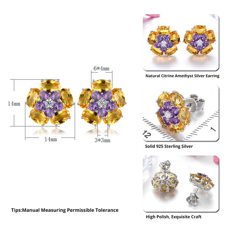 Natural Citrine Amethyst Sterling Silver Stud Earring 5.5 Carats Genuine Multicolor Gemstone Women Romantic Style Jewelry Gifts 2