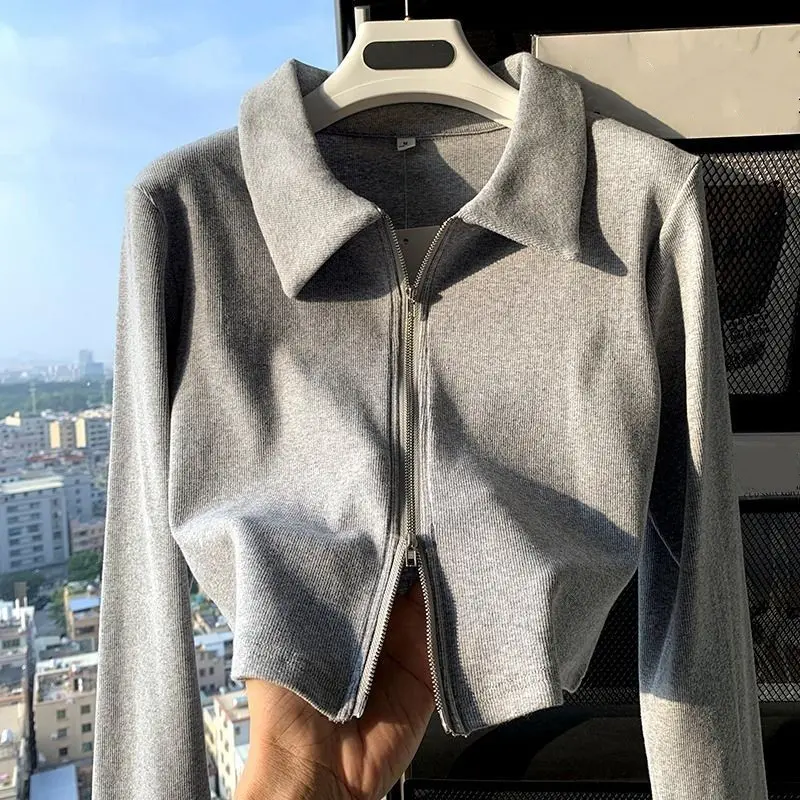 Áo Crop Top Cổ Polo, Phong Cách Hàn Quốc, Dây Kéo Đôi, Dành Cho Nữ, Trơn, Tay Dài, Áo Phông Cơ Bản