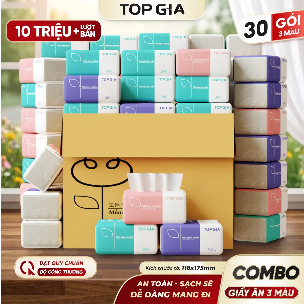 [GIẤY LỤA] Thùng 30 gói giấy 3 màu TOPGIA chính hãng - Khăn giấy tiện lợi 4 lớp mềm mịn - giấy rút cao cấp  Đạt Chuẩn Bộ Công Thương Top Gia HCM F0100 VTG38