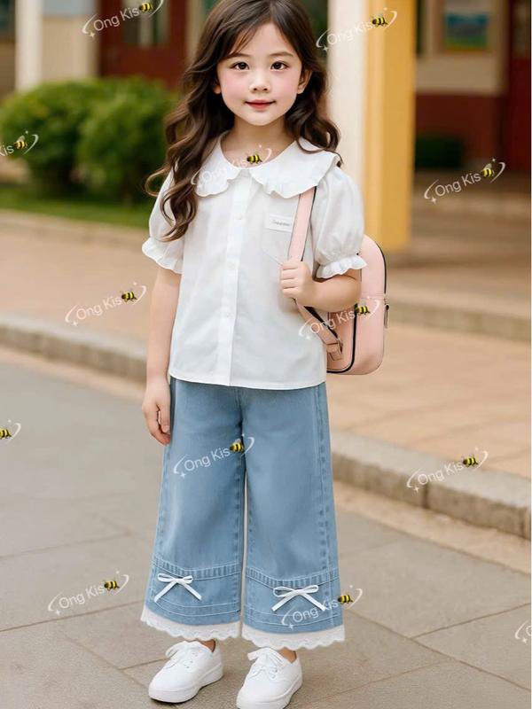 Ong Kis Sét sơ mi cổ sen may bèo tay bồng kèm quần Jaen mền phối ren sang chảnh cho bé gái 10-30kg