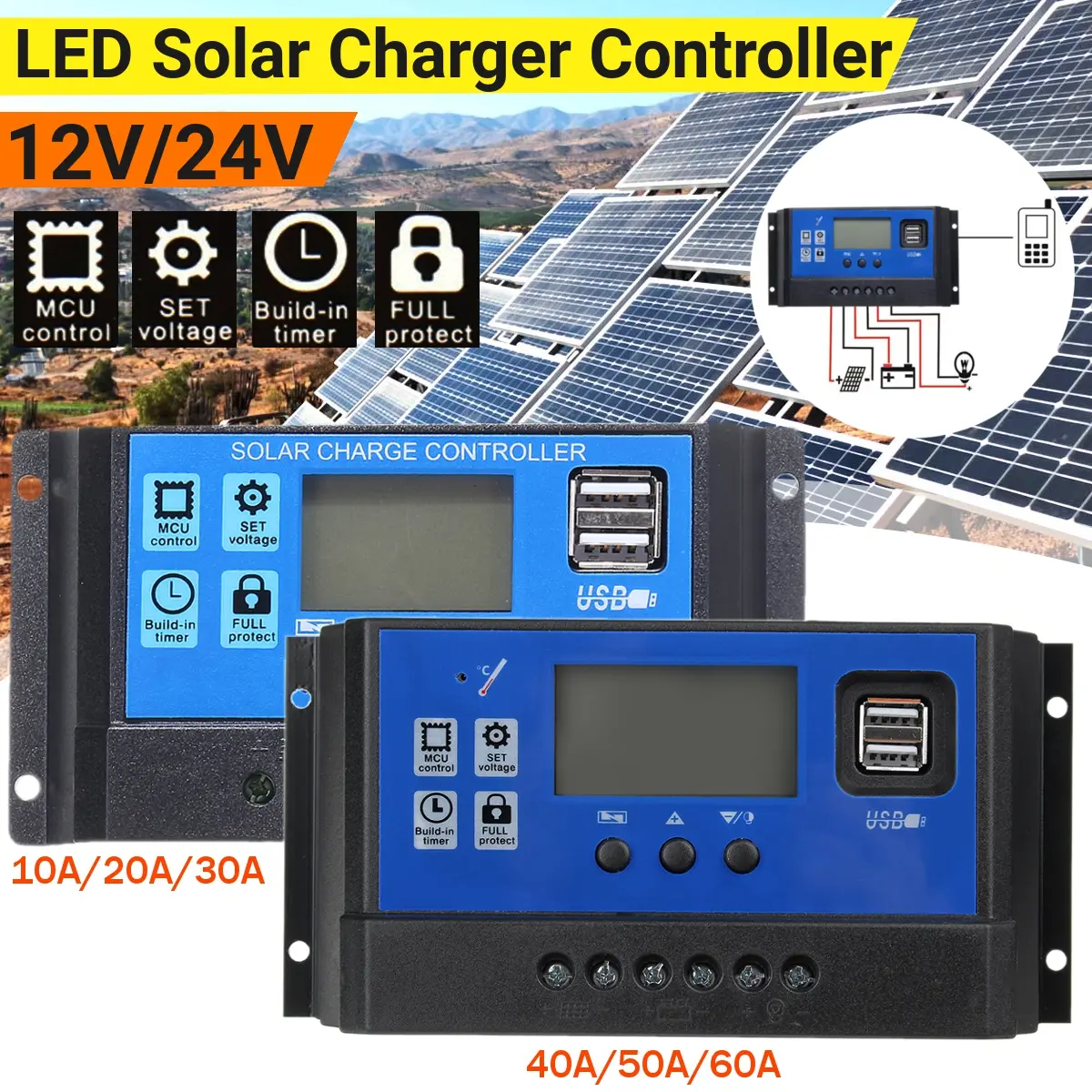 10A 20A 30A 40A 50A 60A 100A Auto Solar Charge Controller 12V 24V PWM LCD Dual USB PV Home Battery Charger Regulator