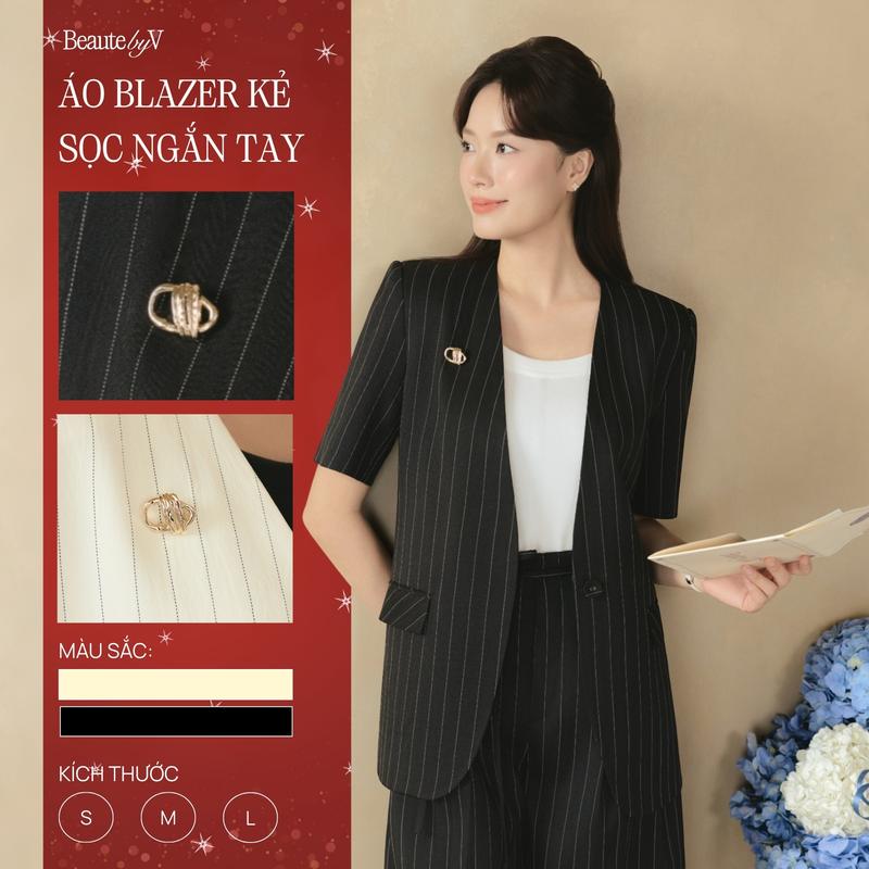 Set vest nữ thanh lịch Gabriel Blazer BEAUTE BY V CLOTHING kẻ có lót đệm vai Quần ống rộng nữ vải sọc Gabi Áo thun nữ Ella