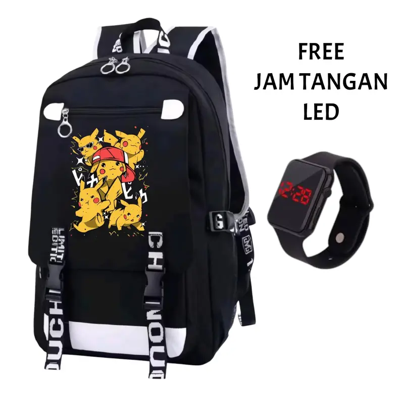 TAS RANSEL ANAK POKEMON - TAS ANAK SEKOLAH PAUD TK SD UNISEX - RANSEL ANAK COWOK CEWEK PIKACHU BONUS JAM TANGAN 0