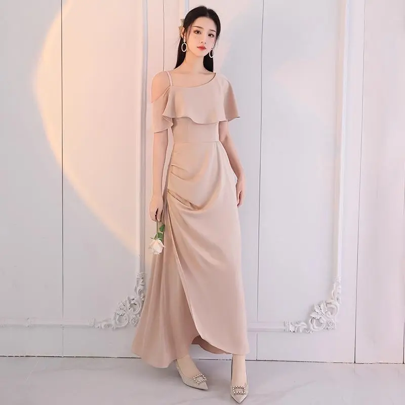 elegant beige bridesmaid dresses Mismatched Elastic Satin Column Elegant Sleeveless Long Bridesmaid Dre –  clover sew main image 1