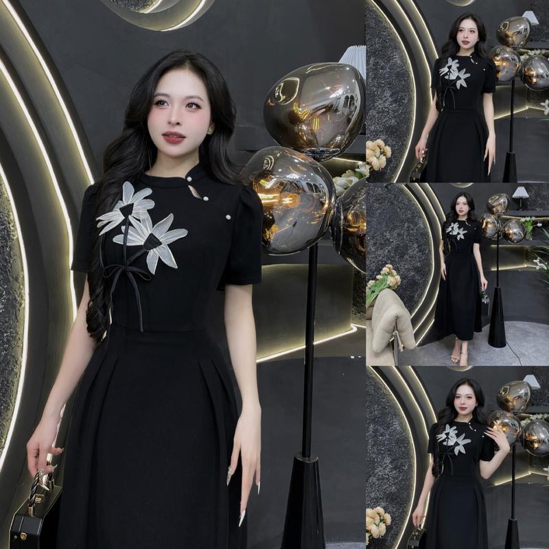 D14 - Váy Thiết Kế Evii dành cho nữ, Đầm thiết kế cổ tàu đính cúc ngọc, hoa liền trước ngực dáng A xoè dài phù hợp đi làm, đi chơi và đi dự tiệc. Có Bigsize Women Dress