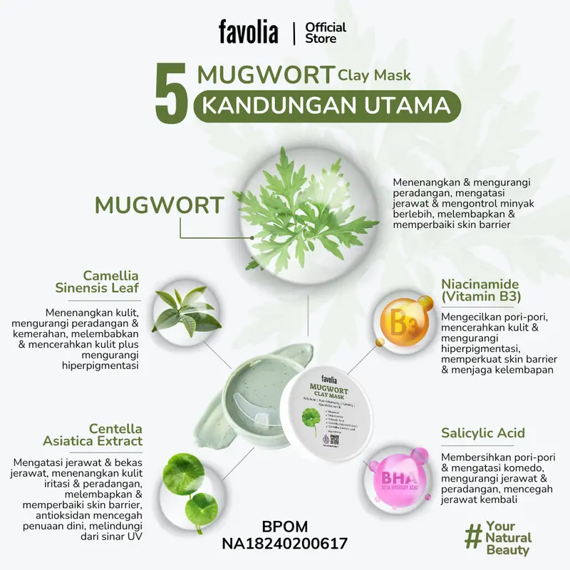 FAVOLIA Bundle 1 Mugwort Clay Mask 30gr + 2 Niacinamide Vit C Sleeping Mask 30gr - Masker Wajah untuk Mengatasi Jerawat, Mencerahkan & Melembapkan | Halal & Teruji Lab, Beli 3 Lebih Hemat 5