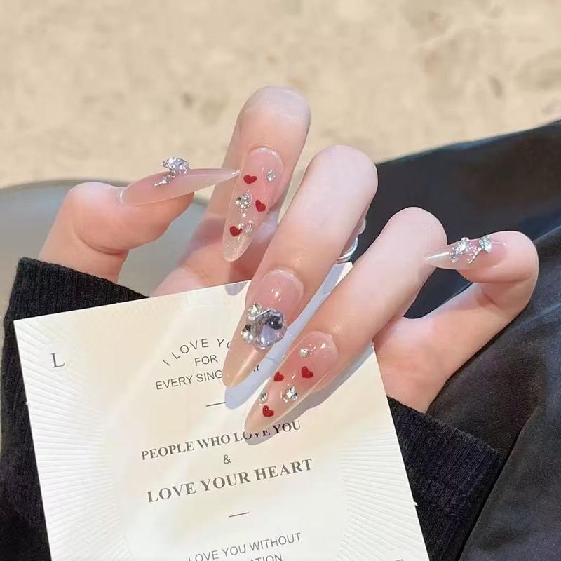 Mã B002 Nail Box Móng Tay Giả Móng Dài Màu Thạch Hồng Đính Đá Bling Họa Tiết Trái Tim Có Thể Tháo Rời Tái Sử Dụng
