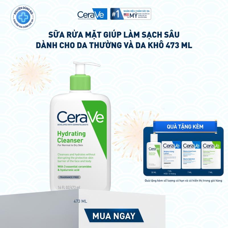   DEAL HOT  Sữa rửa mặt giúp làm sạch sâu dành cho da thường và da khô Cerave Hydrating Cleanser 473ML dạng gel không tạo bọt làm sạch sâu dịu nhẹ và cung cấp độ ẩm cho da. Chăm sóc da_Sữa rửa mặt_Skincare cho Nam và Nữ_Cleansing 