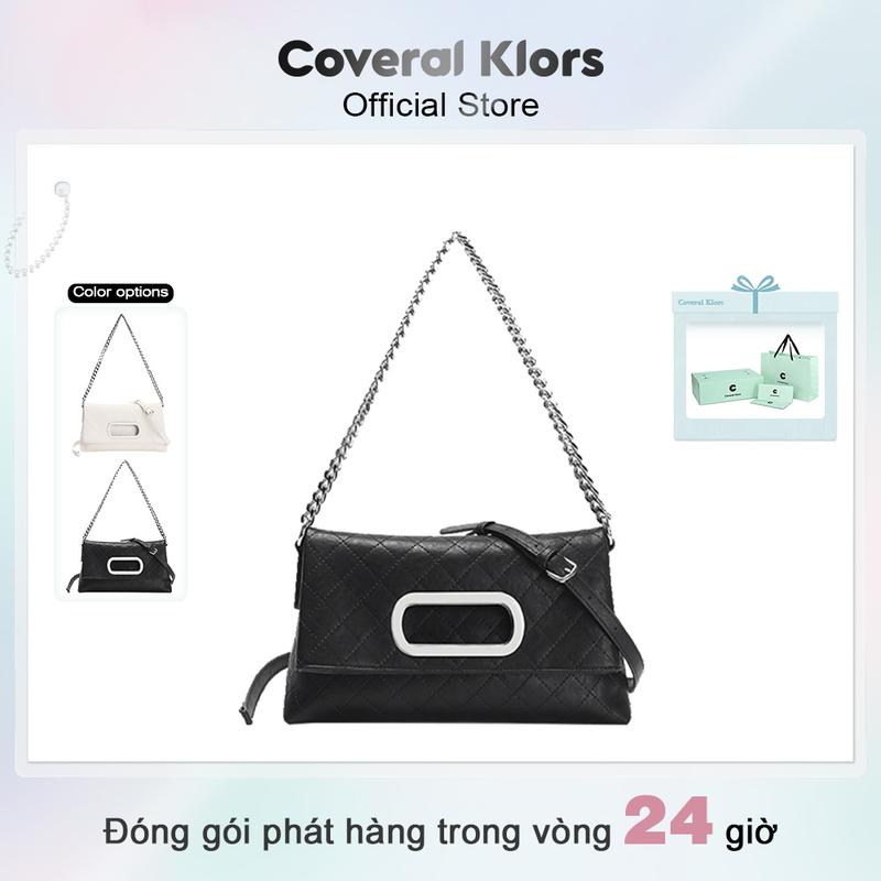 COVERAL & KLORS-【đóng gói hộp quà tặng Mẫu mới phong cách Pháp, túi đeo chéo nữ màu trắng, túi đeo vai thiết kế gấp thời trang, họa tiết kim cương cổ điển, túi xách da bền màu đen