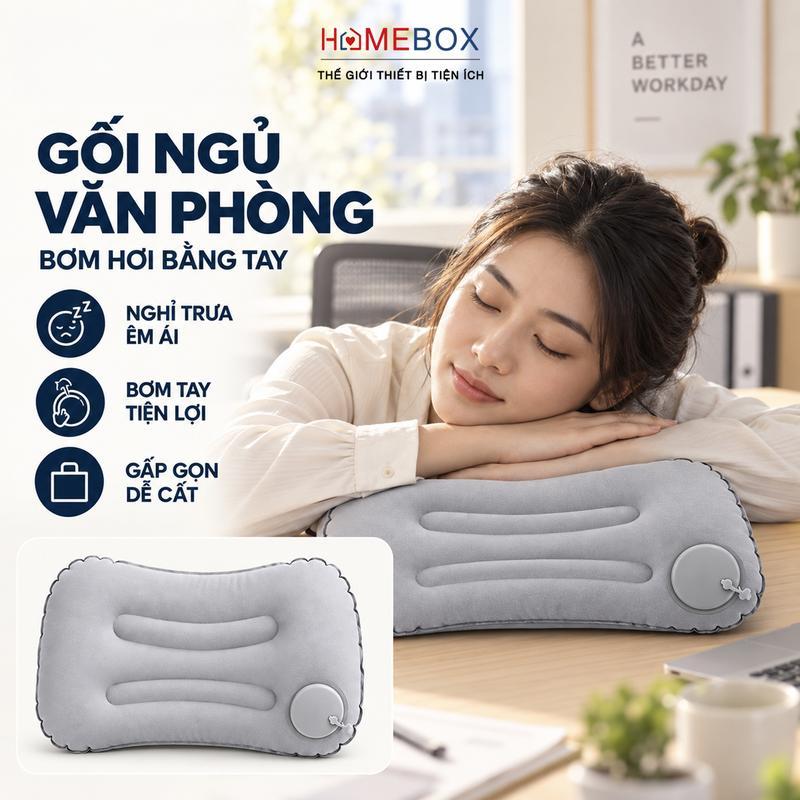 Gối Kê Cổ Tự Bơm Hơi Hình Chữ Nhật HomeBox, Gối Đa Năng Hoàn Hảo Cho Đi Du Lịch Hay Văn Phòng,Đồ nhỏ cần thiết chống mệt mỏi, tiện mang theo mọi lúc