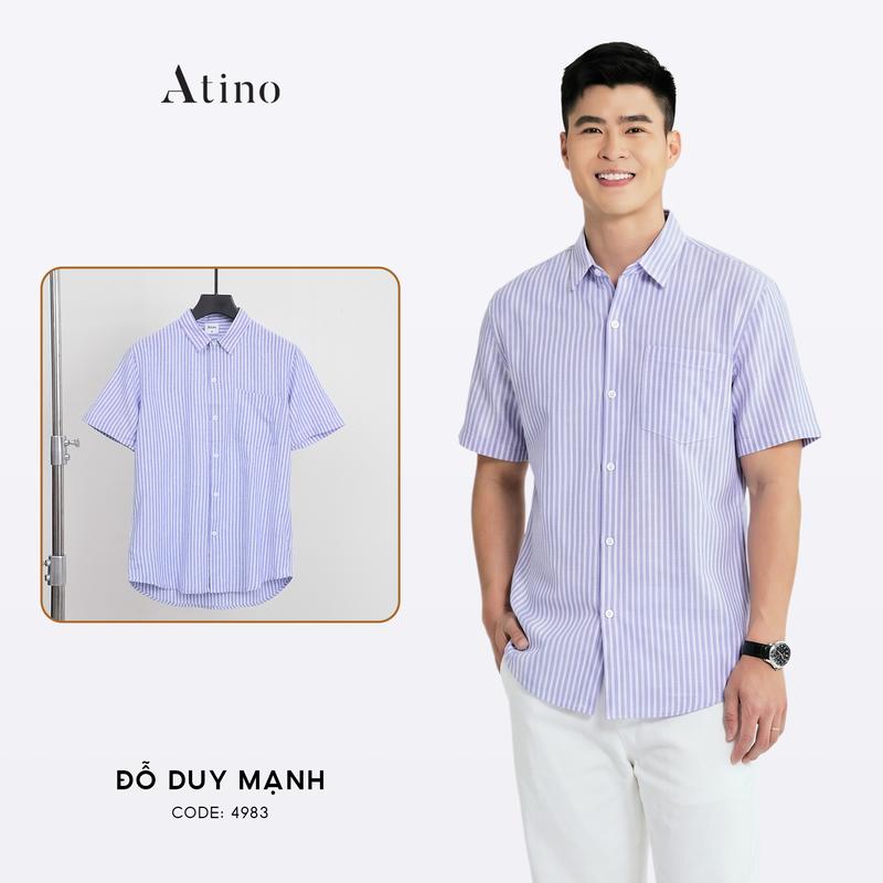 Áo Sơ Mi Nam Ngắn Tay ATINO Kẻ Sọc Trẻ Trung Dáng Regular Có Túi Vải Cotton Mát Ít Nhăn L.3.4983