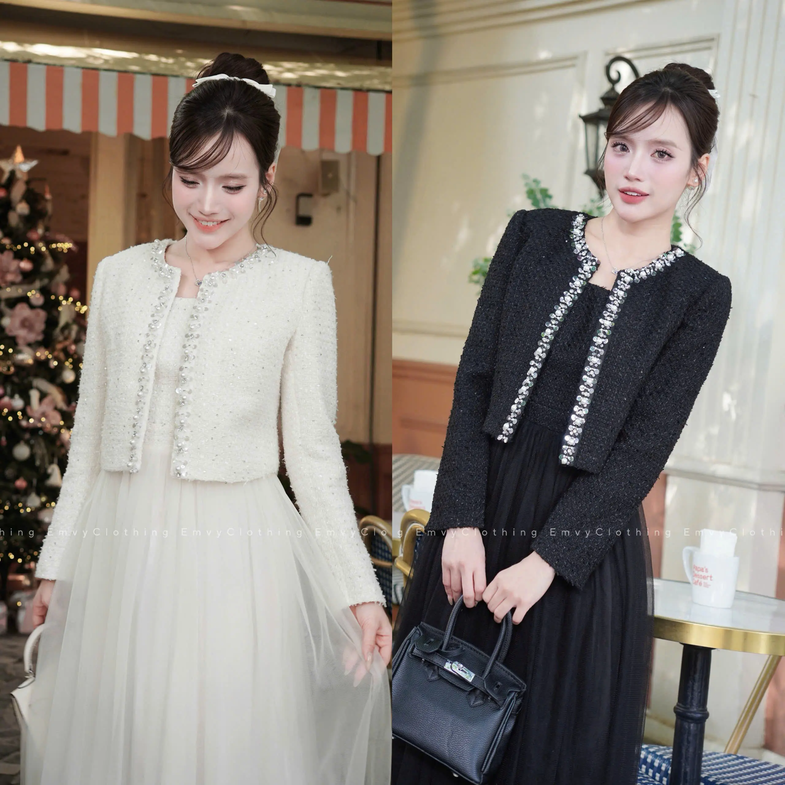 EV107-Emvy Clothing Set áo dạ kèm váy công sở đính ngọc trai thanh lịch tinh tế | BigBuy360 - bigbuy360.vn