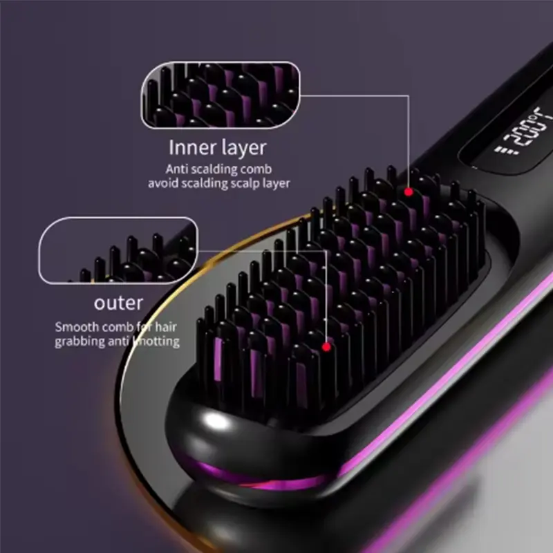 Electric LCD Usb Ceramic Heating Straight Hair Comb Wireless Portable Negative Ion Styling Tool Rechargeable Straightening Brush 3