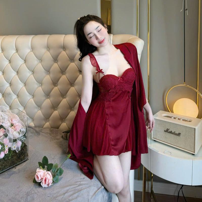  V46 Váy Lụa Ngủ Nữ Thiết Kế Phối Ren Sang Trọng Kèm Đệm Mút Phương Linh Underwear 