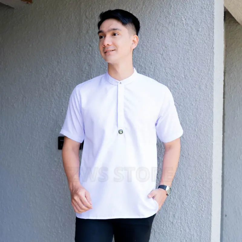 Baju Koko Pria Dewasa Kerah Shanghai Pria Premium Motif Embos Model Kancing Koko Kurta Pria Muslim NAUFAL Hitam Lengan Pendek Jahitan Rapi Kemko Atasan Spesial Lebaran 3