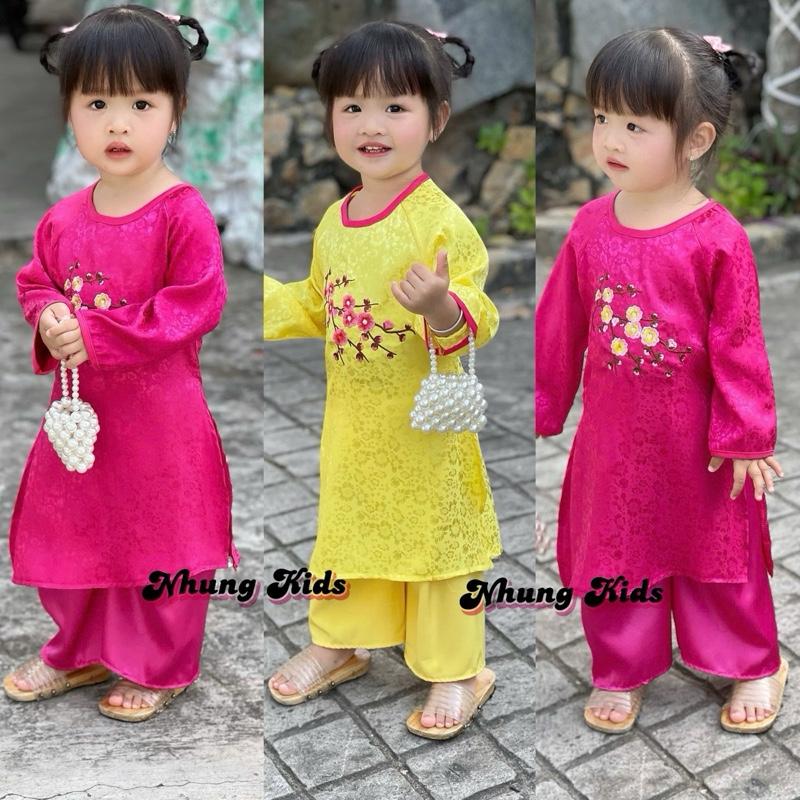 9-14kg Áo dài cách tân thêu hoa đào tay dài áo gấm,quần lụa dài cho bé dưới 3 tuổi