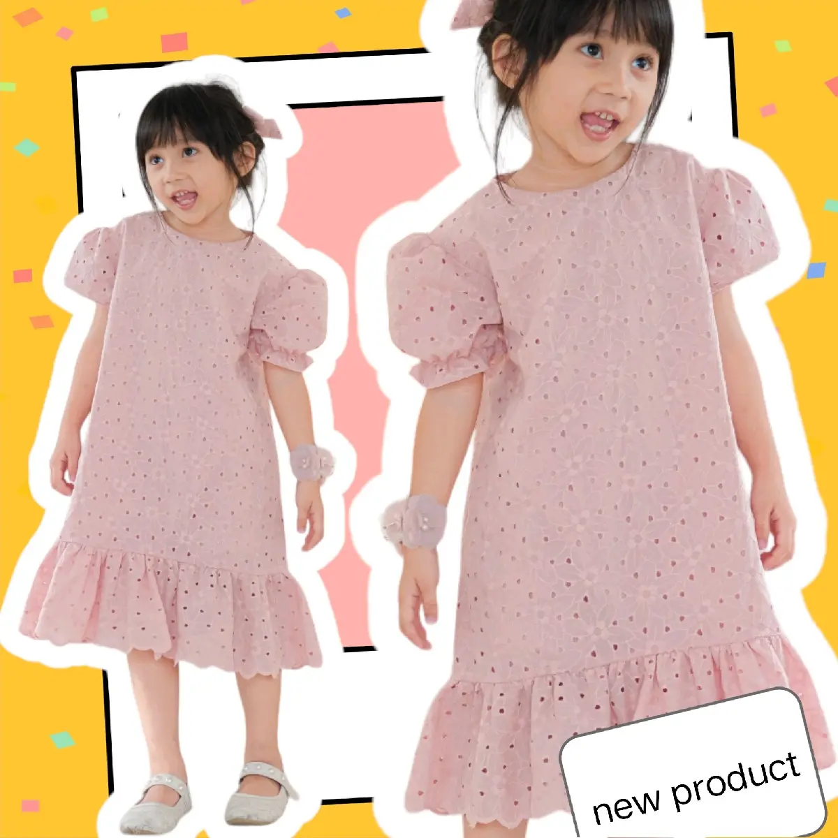 DRESS ANAK PEREMPUAN KATUN BORDIR (BOLONG),GAUN ANAK KATUN BORDIR MODEL RUFFLE BOLONG VIRAL Motif Fashion
