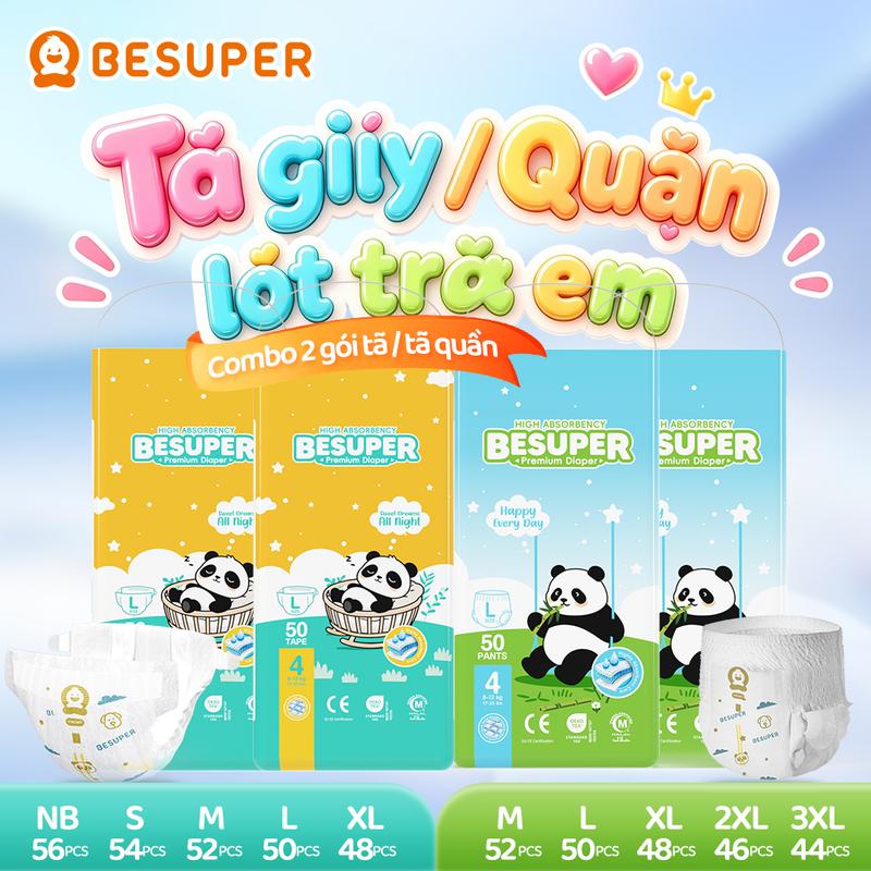 Bộ đôi tã dán/tã quần kéo lên BESUPER, 52 chiếc, cỡ NB–XXXXL, thấm hút nhanh, mềm mại, thoáng khí, chống rò rỉ, dành cho bé