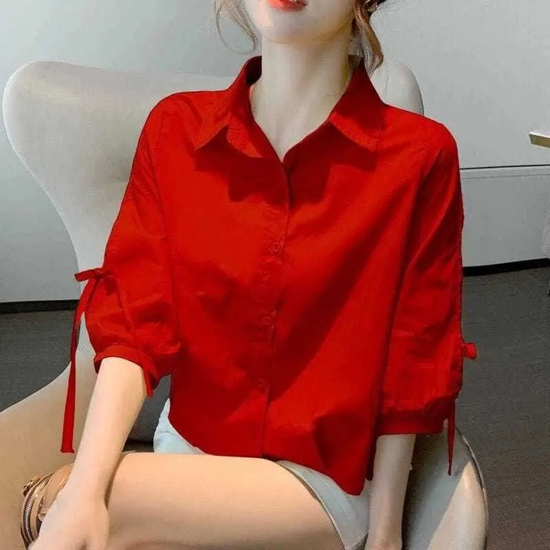 Women's Chiffon Rheology Hong Kong Style Three-Quarter Sleeve Shirt 2023 New Loose Design Niche Chic Top