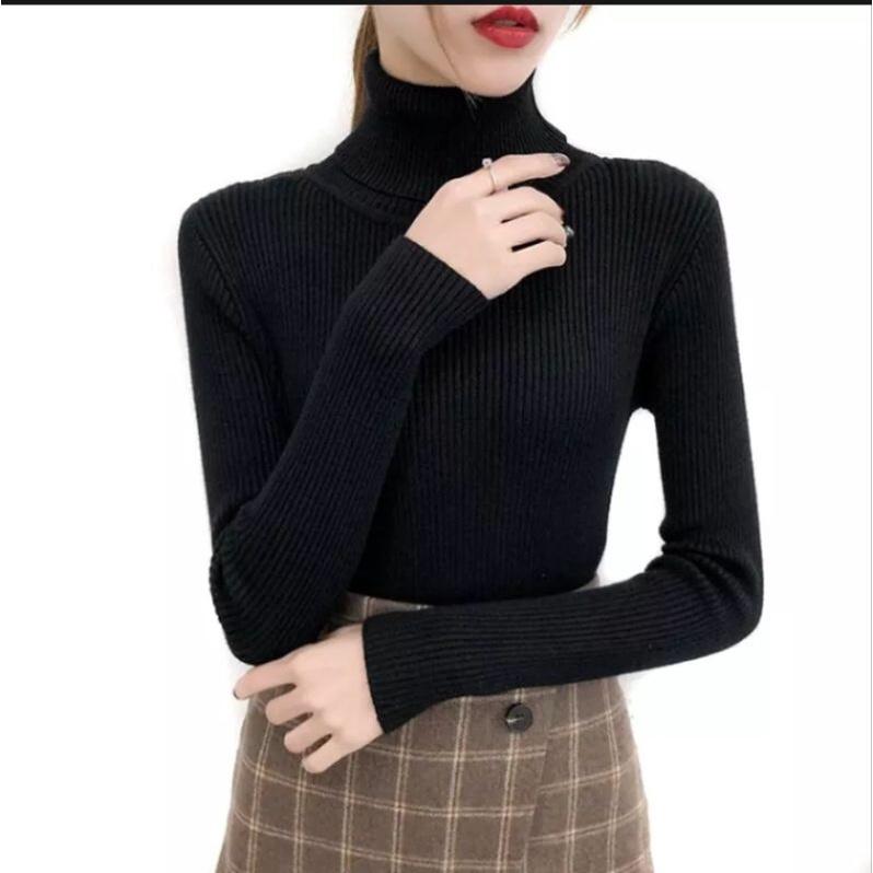 Inner turtleneck rajut atasan rajut wanita muslim Garis Panjang Santai Knitwear Hitam Outer Cardigan Top Baju Basic Crop zelda  crop inner  garis Kardigan Baju Daleman 0
