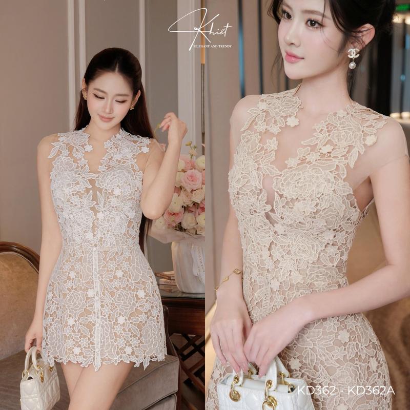 Đầm ren hoa tone be dáng ôm nhẹ phong cách dự tiệc sang trọng kim sa nhẹ nhàng