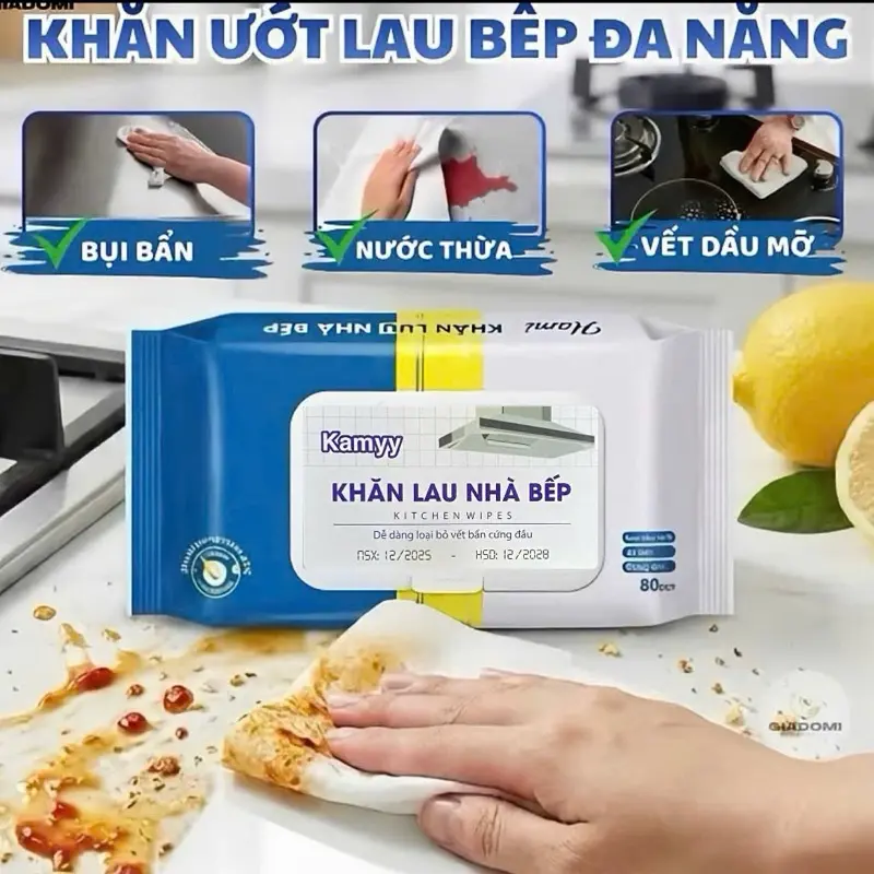 M2 - Thùng 10 Gói Khăn lau Bếp Đa năng Kamyy - Hương Chanh Xả Tiện lợi Hàng Việt chất Lượng Lau sạch các vết dầu