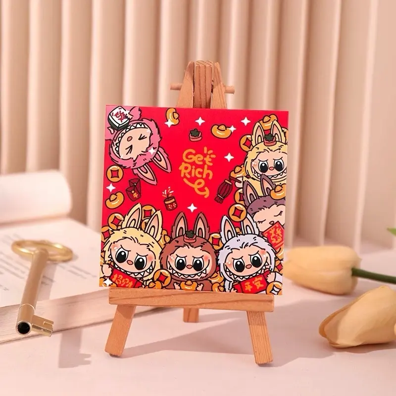 (LABUBU DESIGN) 9cm x 9cm - Red Envelope with Labubu Festive and Plaid Pattern packets money