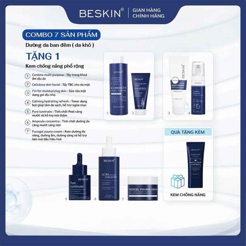 BE-01 COMBO 7 SP : DƯỠNG DA BAN ĐÊM Mua Combo Tặng 1 Kem Chống Nắng - Thương Hiệu Beskin - Serum Đường
